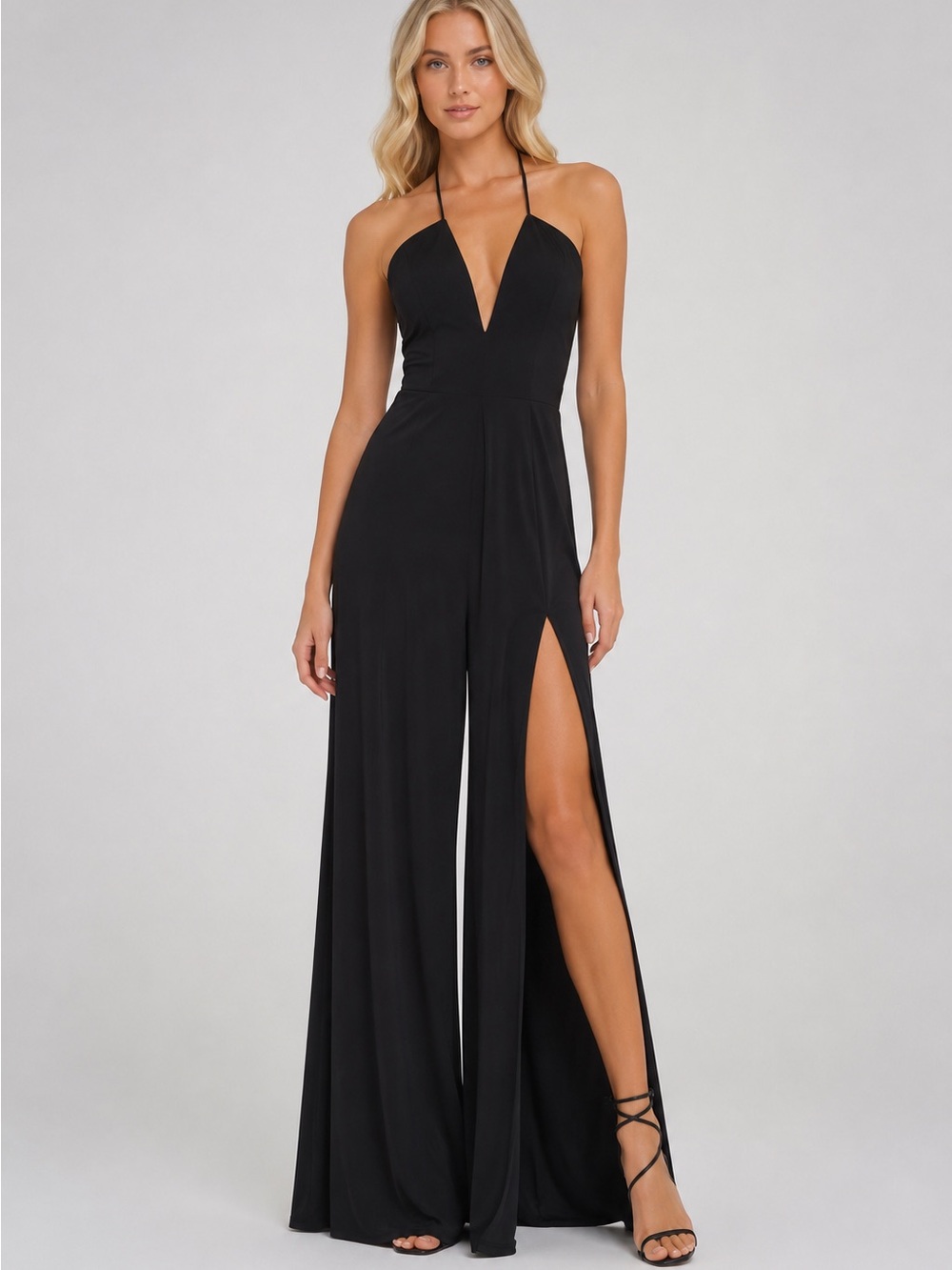 NWT! Katie May Never Cross Plunging Halter Wide Leg Jumpsuit Gown 25767